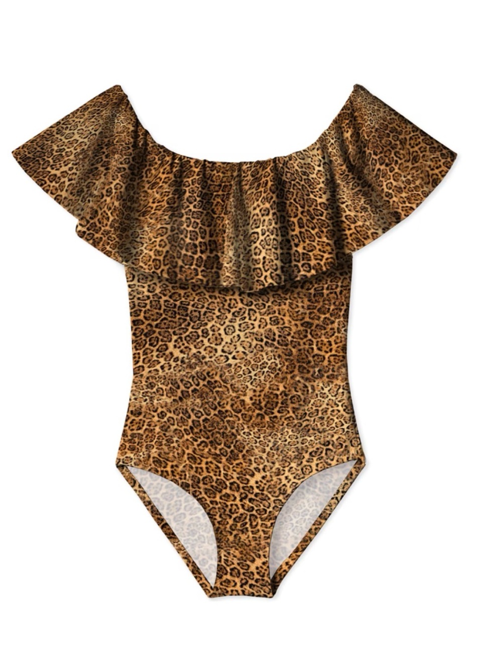 Girls Leopard Off-Shoulder Ruffle One-Piece Swimsuit